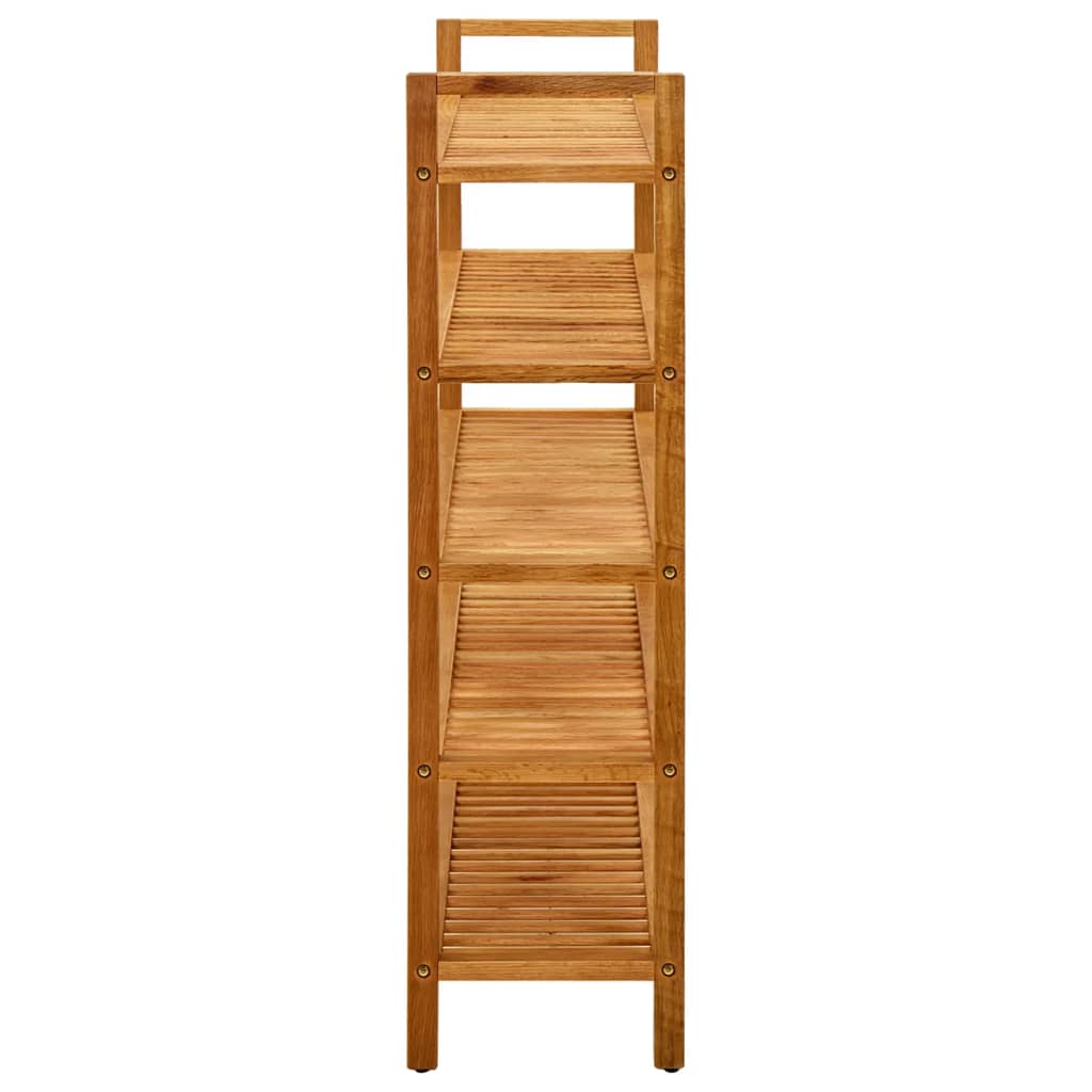 Solid oak 5-shelf shoe rack, 39.4 inches wide and 39.4 inches high, with top handle.