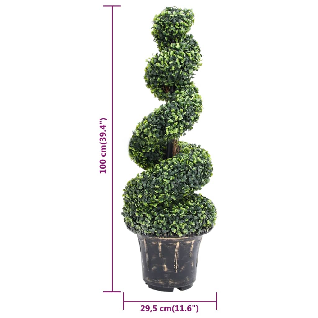 A 39.4-inch artificial green boxwood spiral plant in a black pot, with height scale.