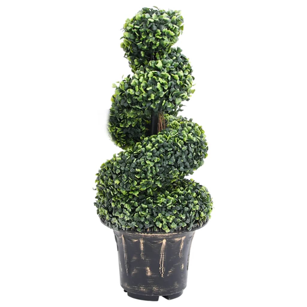 Bostome artificial boxwood spiral plant in green, 35 inches tall with textured leaves.