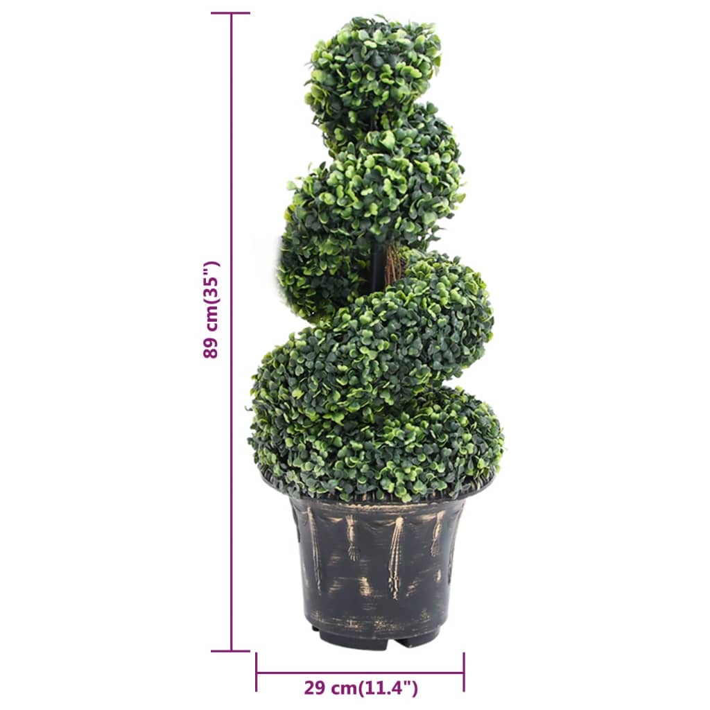 35-inch artificial boxwood spiral plant in green polyethylene with textured leaves.