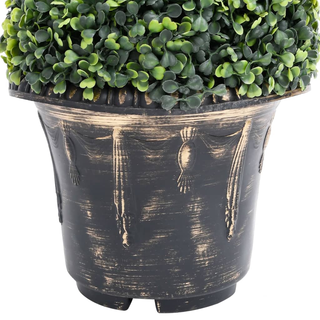 Artificial green boxwood spiral plant, 23.2 inches tall, in a black pot.