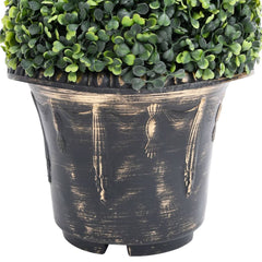 Artificial green boxwood spiral plant, 23.2 inches tall, in a black pot.