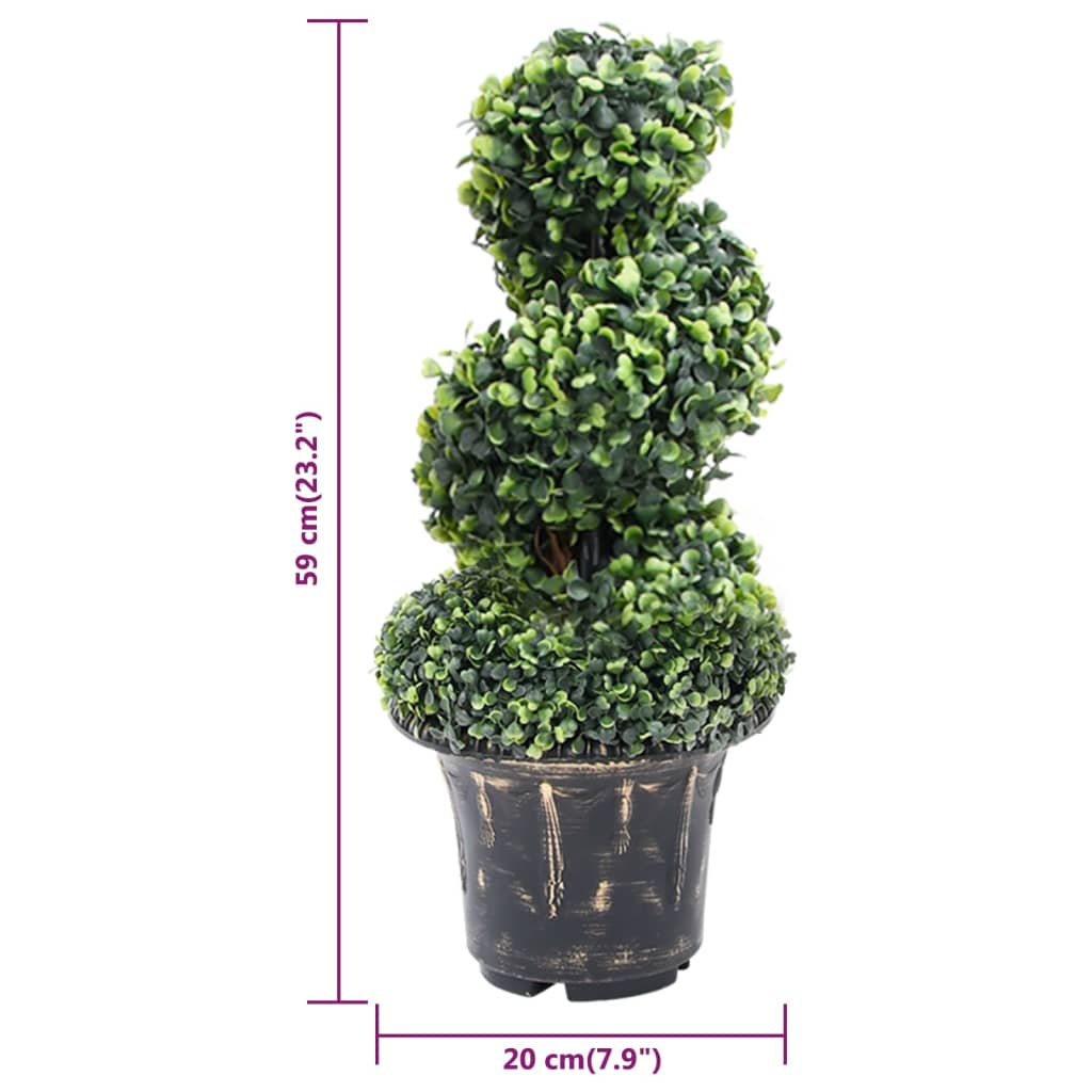 A 23.2-inch artificial green boxwood spiral plant in a pot, shown with height and width measurements.