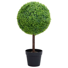 Artificial green boxwood ball plant on wooden stem in black pot, 28 inches tall.