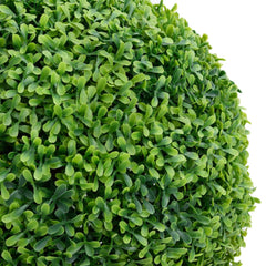 A 28-inch green artificial boxwood ball plant made of polyethylene.