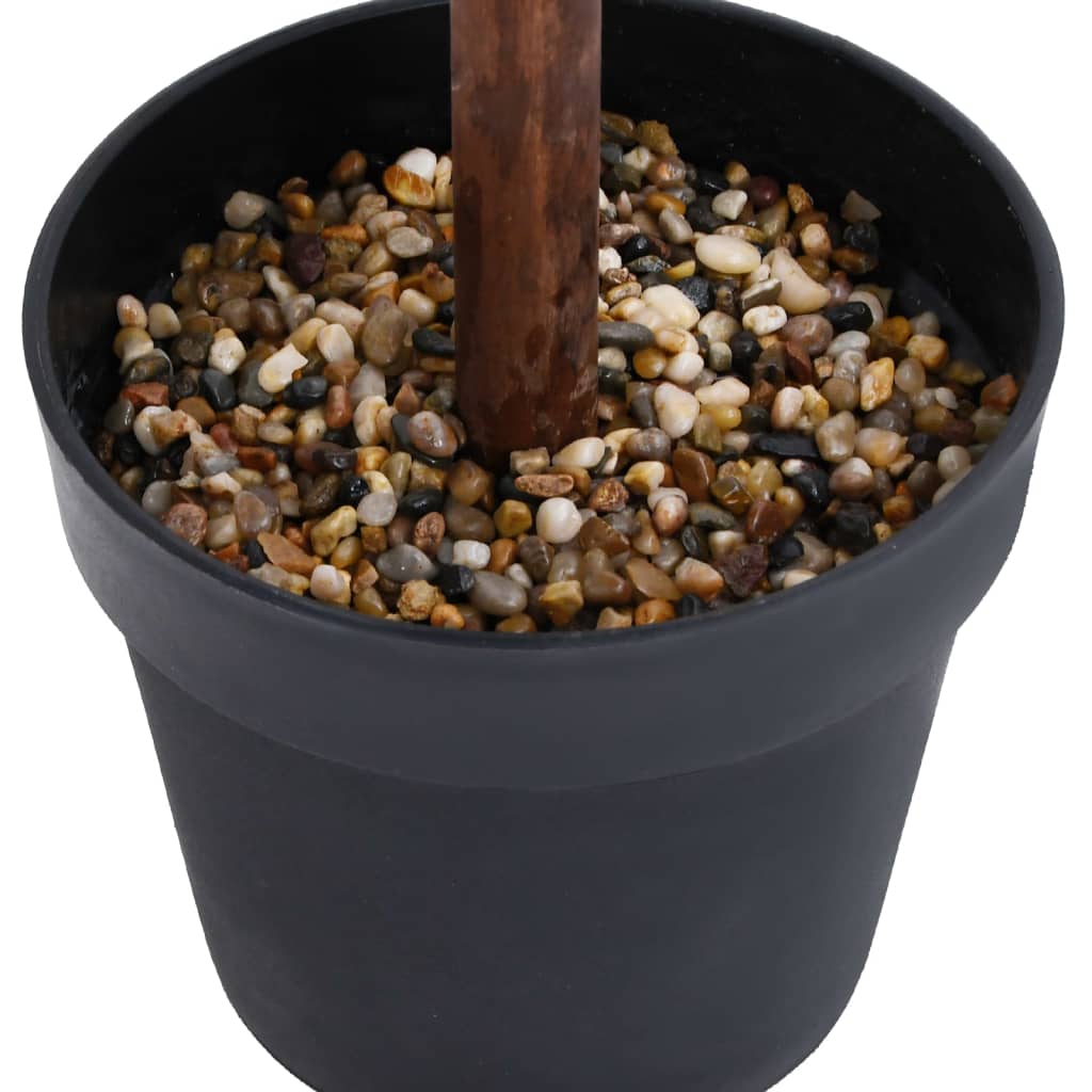 Artificial green boxwood ball plant on wooden stem in black pot with pebbles, 28 inches tall.