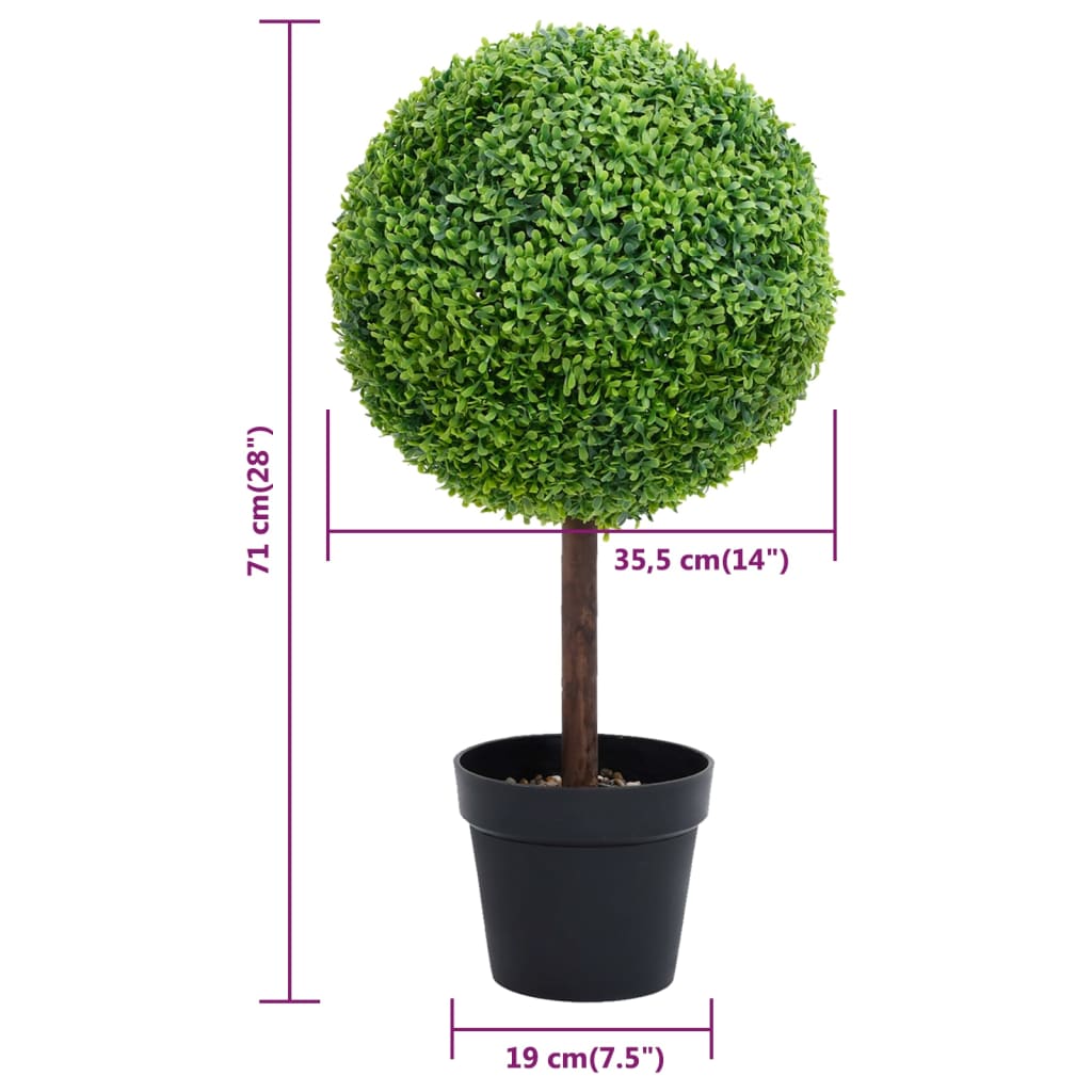 Artificial green boxwood ball plant on wooden stem in black pot, 28 inches tall.