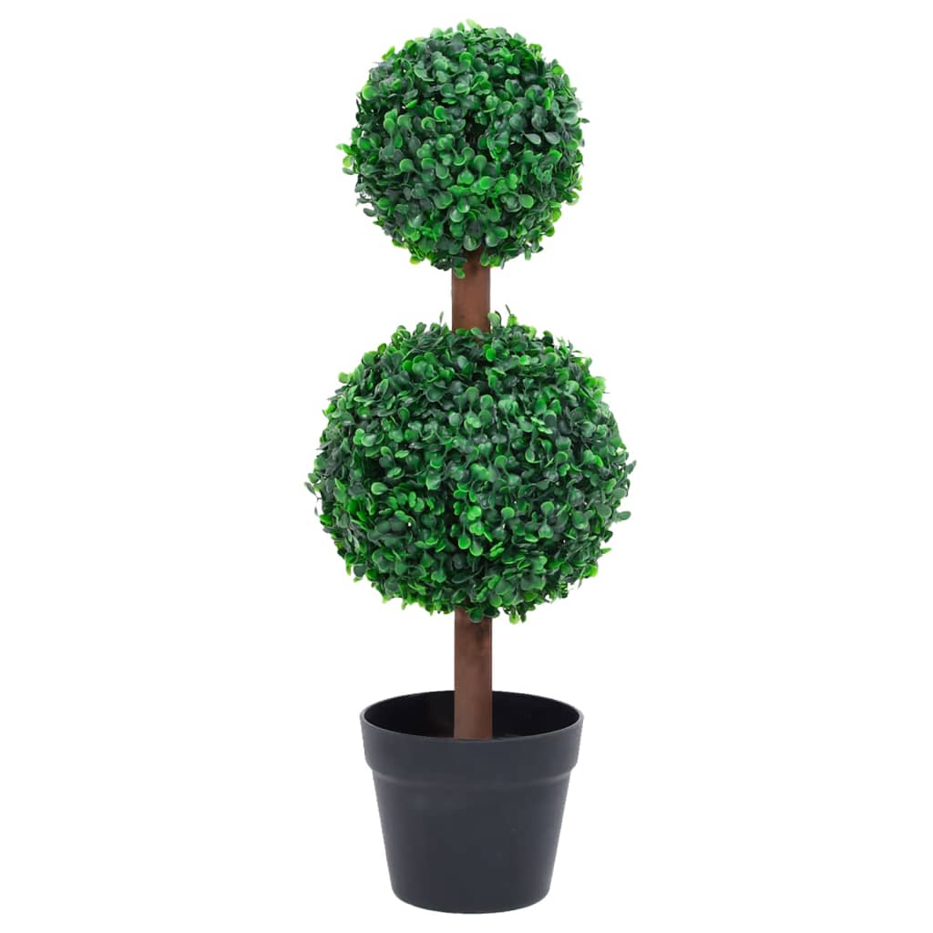 A 23.6-inch artificial double ball boxwood plant in green with a brown trunk and black pot.