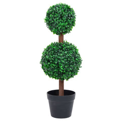 A 23.6-inch artificial double ball boxwood plant in green with a brown trunk and black pot.