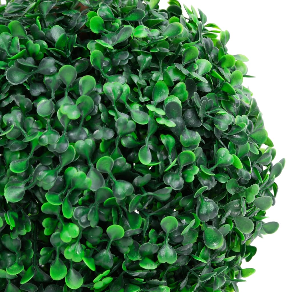 A 23.6-inch artificial double ball boxwood plant with green leaves on a eucalyptus trunk.