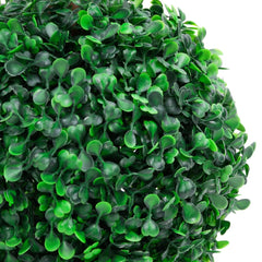 A 23.6-inch artificial double ball boxwood plant with green leaves on a eucalyptus trunk.