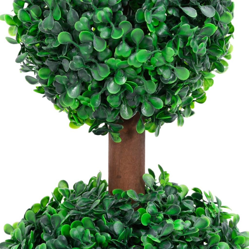 A 23.6-inch artificial double ball boxwood plant with green foliage on a brown trunk.