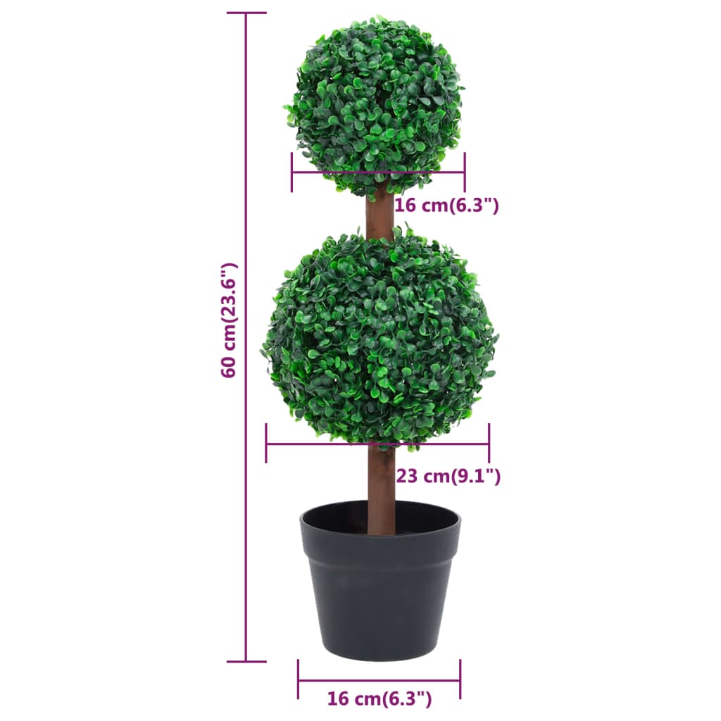 Double ball artificial boxwood plant in black pot, 23.6 inches tall with green foliage.