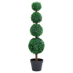 A 35.4-inch artificial boxwood plant with four green topiary balls in a black pot.