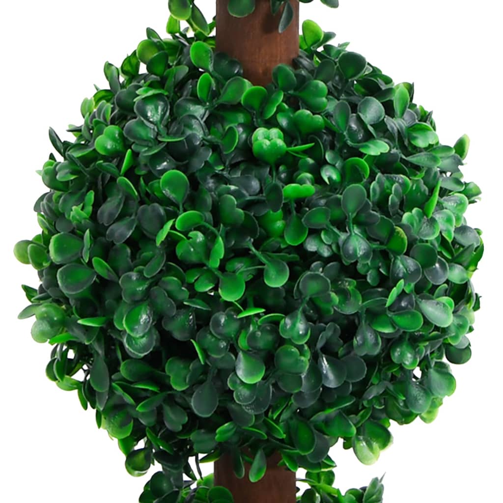 A quadruple ball artificial boxwood plant with dark green leaves and a brown stem.