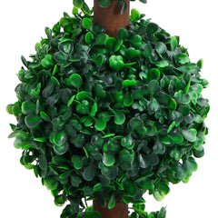 A quadruple ball artificial boxwood plant with dark green leaves and a brown stem.