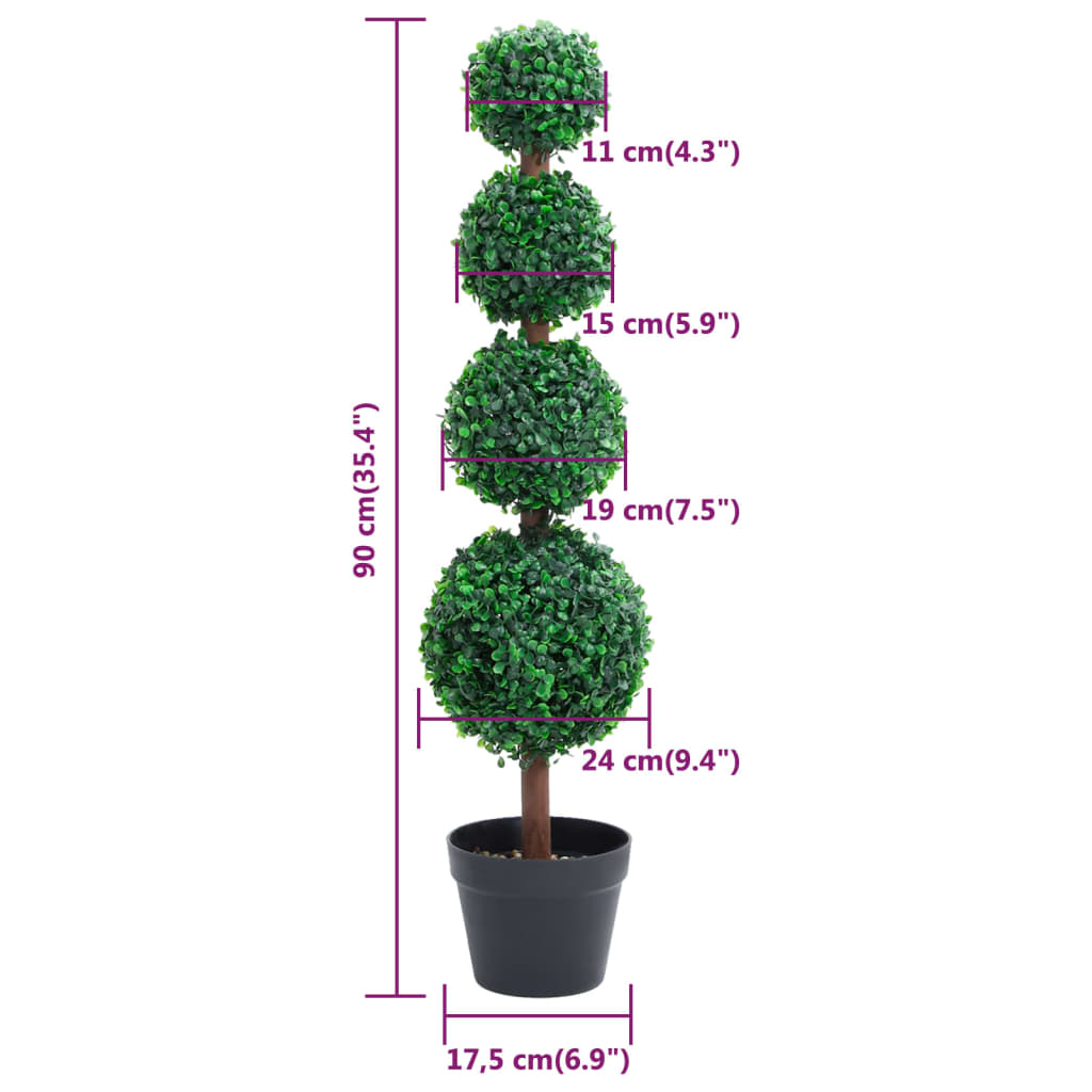 A 90 cm (35.4") tall artificial boxwood plant with four graduated green balls in a black pot.