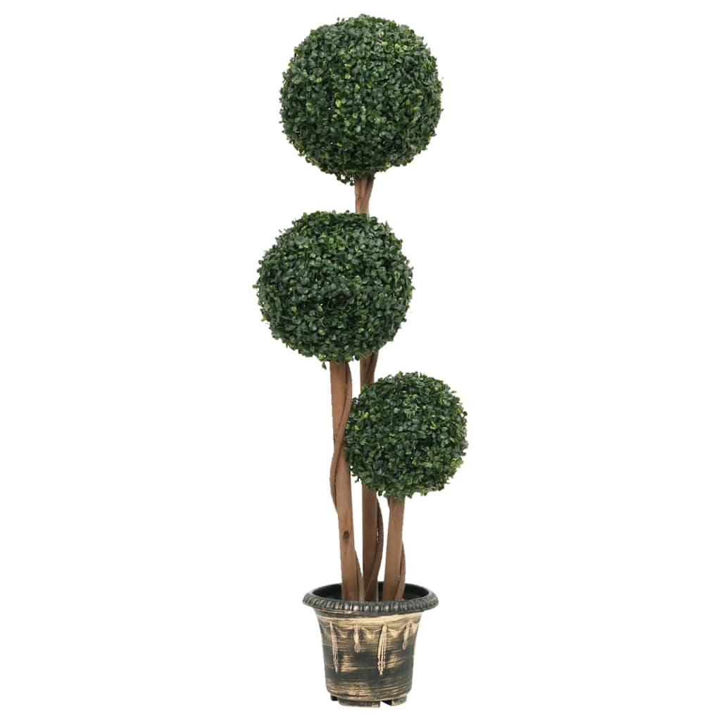 A 46.9-inch artificial triple ball boxwood plant in green with a wooden stem in a pot.