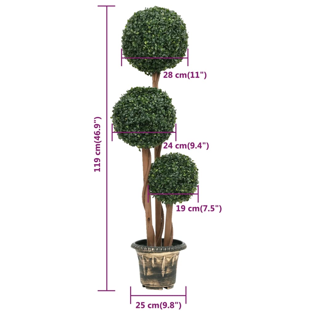 A 46.9-inch tall artificial triple ball boxwood plant in green with measurements shown.