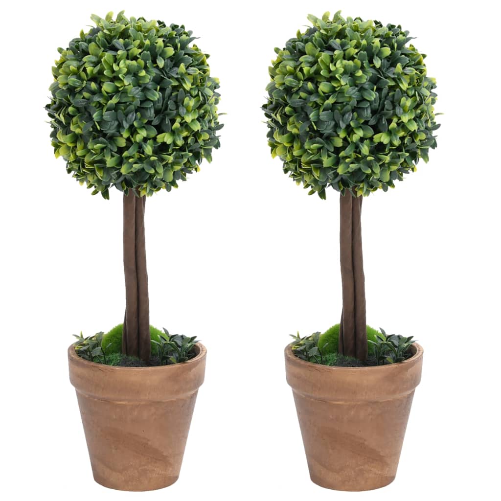Two 16.1-inch green artificial boxwood ball plants in terracotta pots.