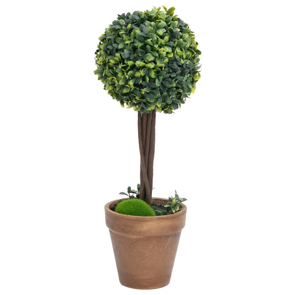 Two 16.1-inch green artificial boxwood ball plants in pots, 2-pack.