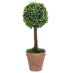 Two green artificial boxwood ball plants in brown pots, 16.1 inches tall each.