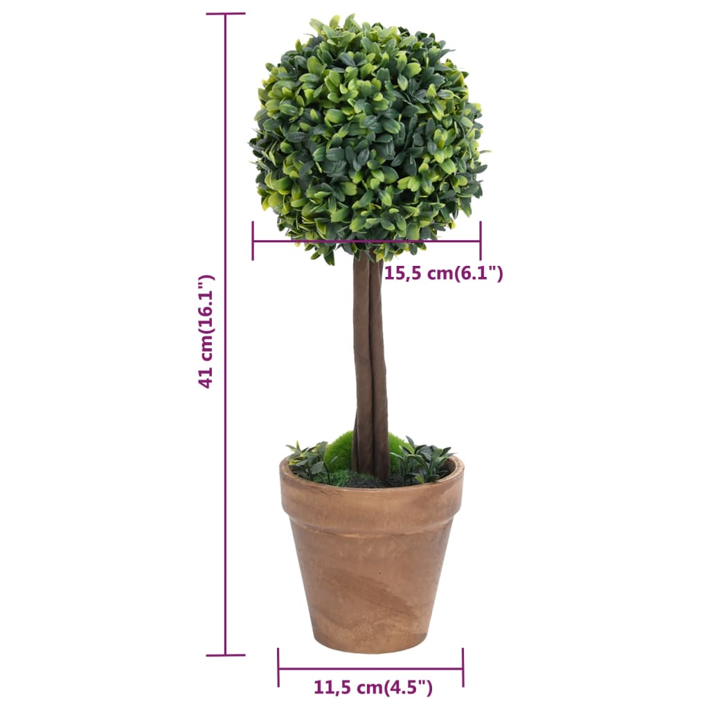 Two green artificial boxwood ball plants in brown pots, 16.1 inches tall each.