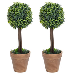 Two 22-inch artificial green boxwood ball plants in terracotta pots.