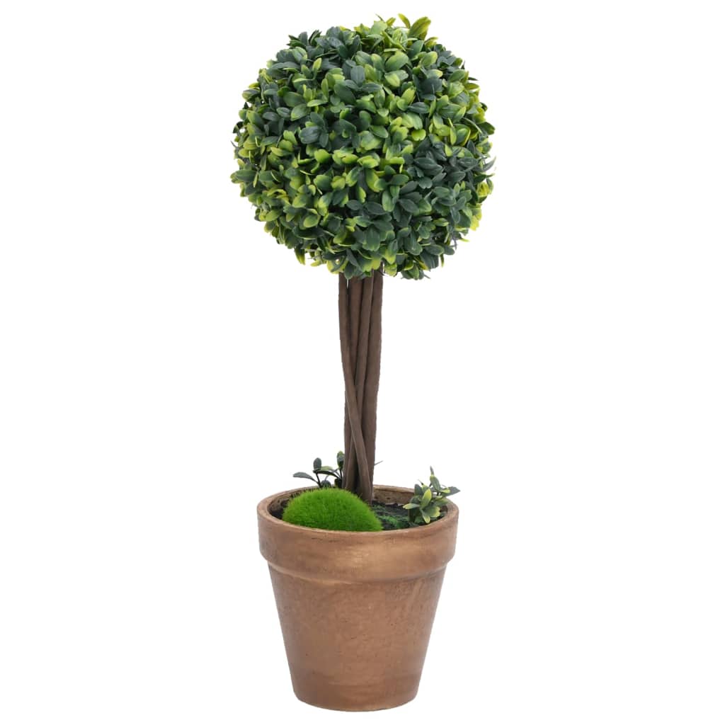 Two 22-inch artificial green boxwood ball plants in weighted terracotta pots with twisted wood stems.
