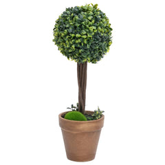 Two 22-inch artificial green boxwood ball plants in weighted terracotta pots with twisted wood stems.