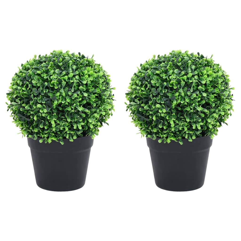 Two 14.6-inch artificial boxwood ball plants in black pots with dense green leaves