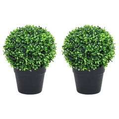 Two 14.6-inch artificial boxwood ball plants in black pots with dense green leaves