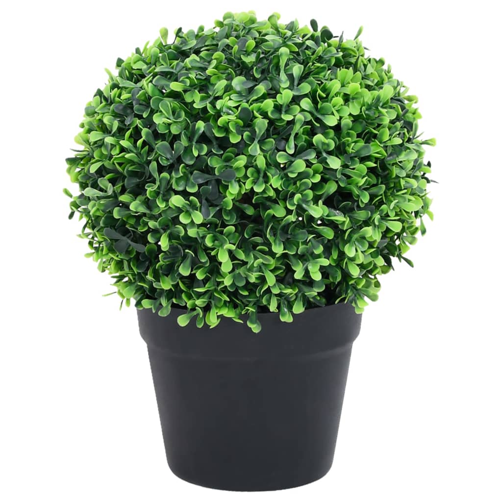 A pair of artificial green boxwood ball plants, each 14.6 inches in diameter, potted in black containers.