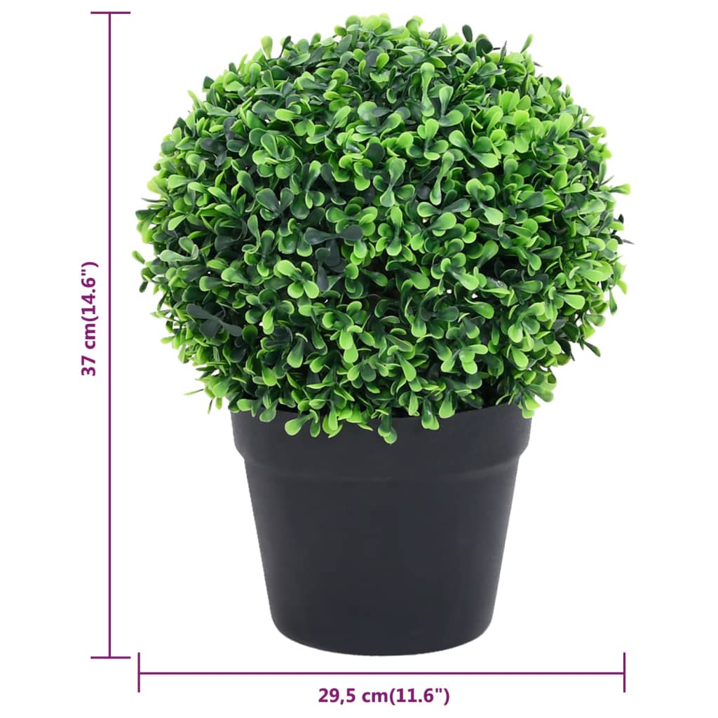 Two artificial green boxwood ball plants, each 14.6 inches in diameter, in black pots.