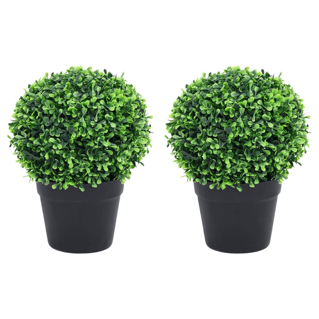 Two artificial green boxwood ball plants, 12.6 inches each, in black pots.