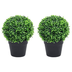 Two artificial green boxwood ball plants, 12.6 inches each, in black pots.