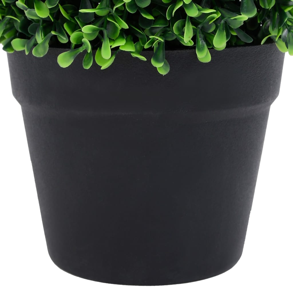 Two green artificial boxwood ball plants, each 12.6 inches, in black pots.