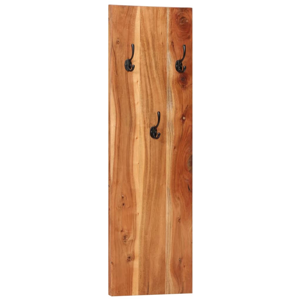 Two solid acacia wood wall-mounted coat racks, each with three black hooks.