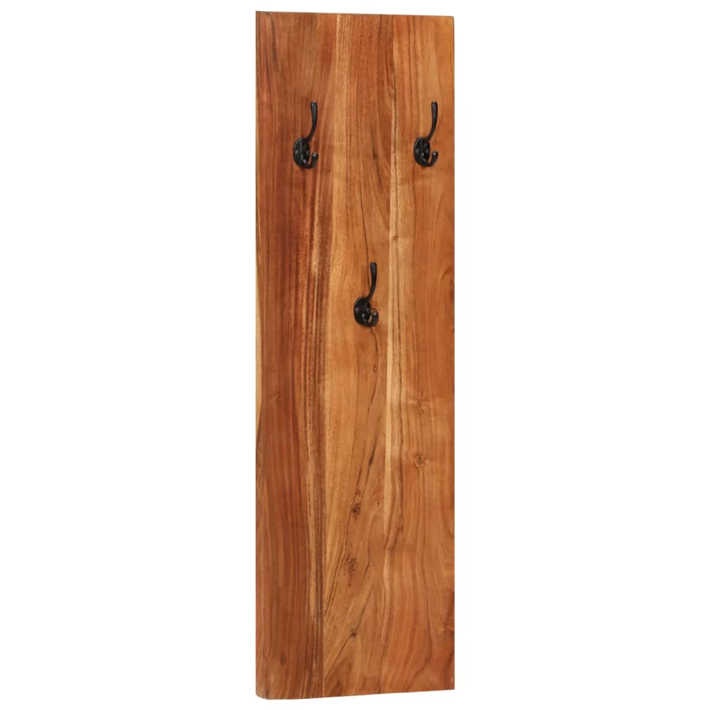 A single solid acacia wood wall-mounted coat rack with three black hooks.