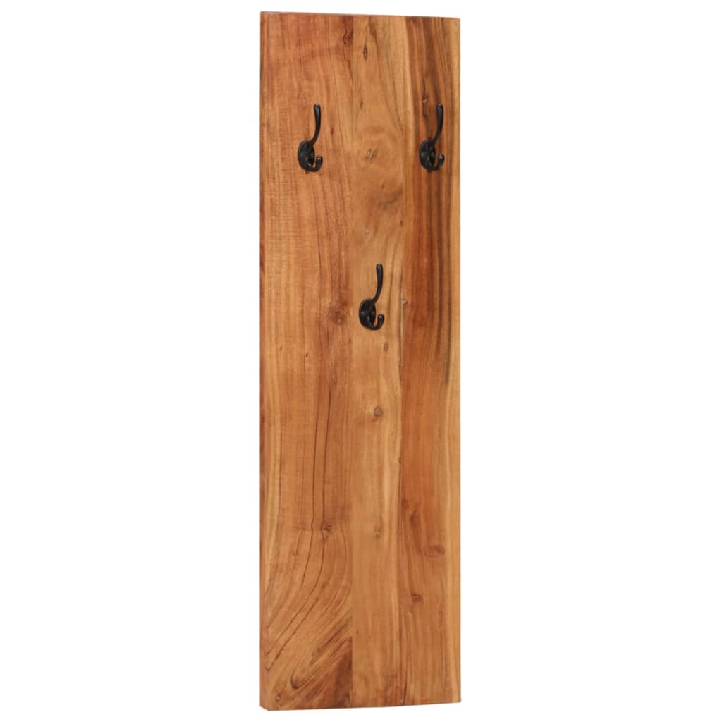 Set of two wall-mounted coat racks made from solid acacia wood with three black hooks each.