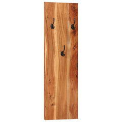 Two solid acacia wood wall-mounted coat racks, each with three black hooks.