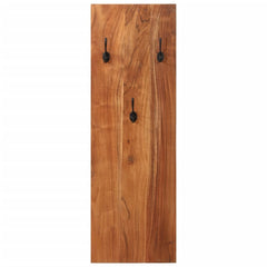 Set of two solid acacia wood wall-mounted coat racks, each with three black hooks.