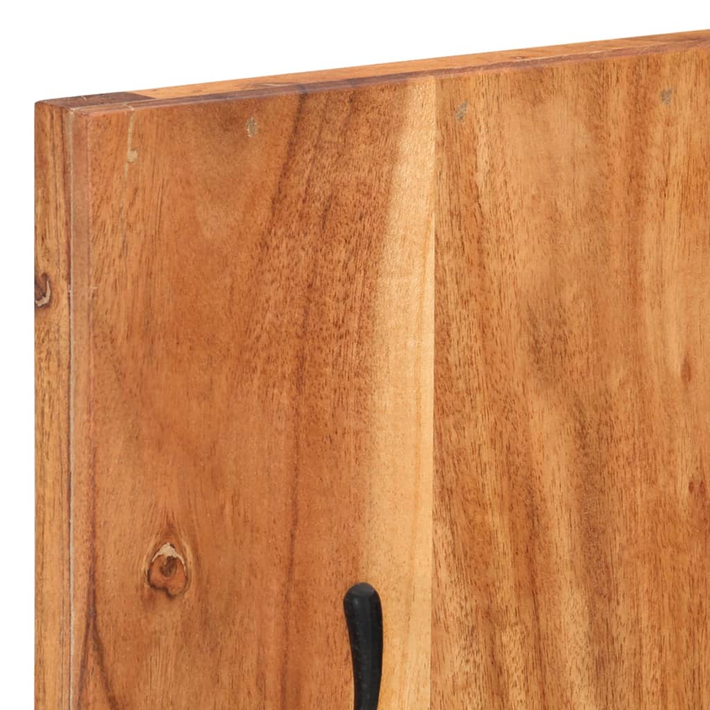 Set of two wall-mounted coat racks made from solid acacia wood with black hooks.