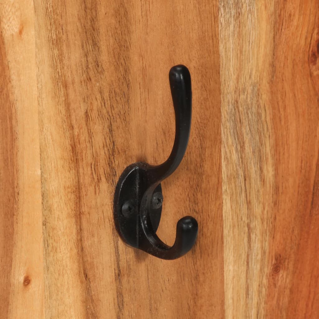Set of two wall-mounted coat racks with solid acacia wood rails and black metal hooks.