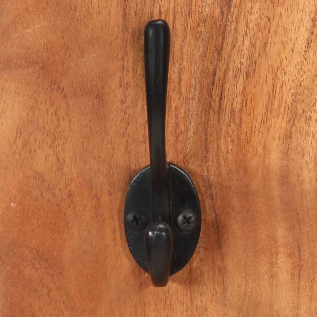 Two wall-mounted coat racks made of solid acacia wood with black metal hooks.