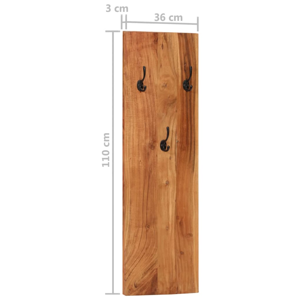 A wooden wall-mounted coat rack with three black hooks and dimensions 110 cm high, 36 cm wide, 3 cm deep.