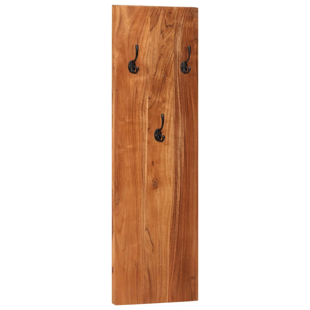 A set of two wall-mounted coat racks made from solid acacia wood with three black hooks each.