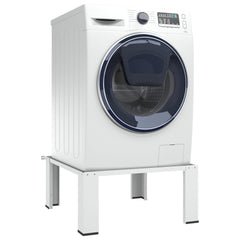 White steel washing machine pedestal with 220 lb capacity, raising appliance 12.8 inches.