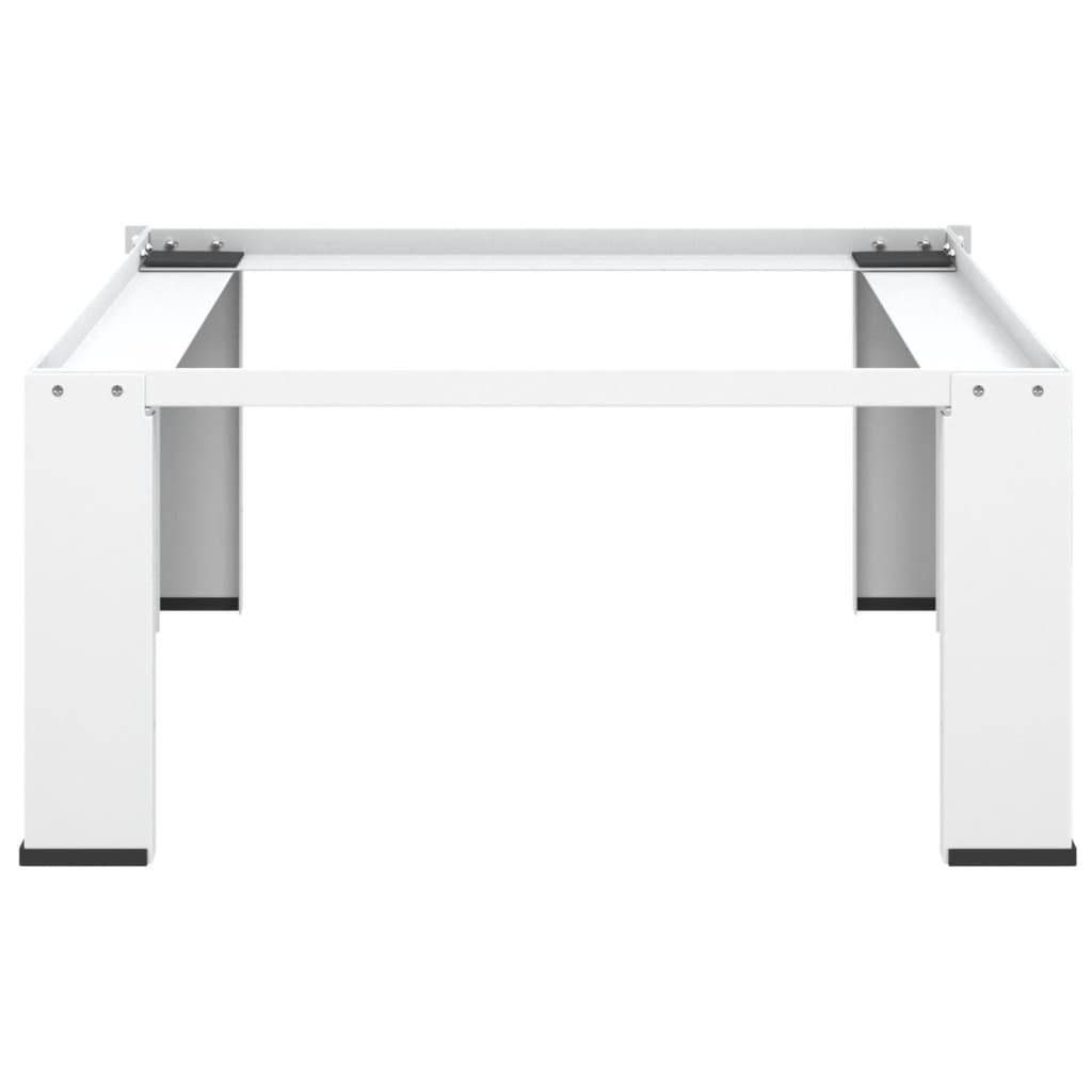 White steel washing machine pedestal with 220 lb capacity and rubber feet.