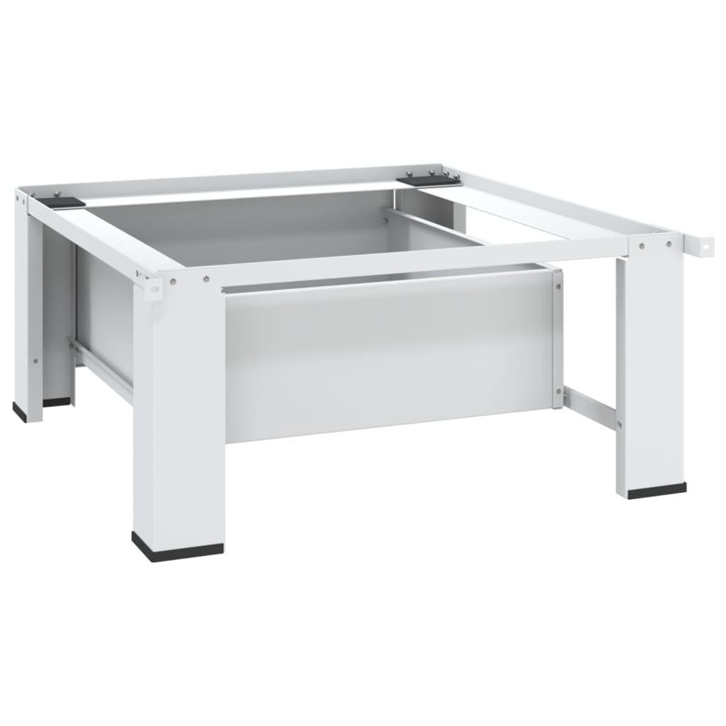 White steel washing machine pedestal with drawer, raised frame for easy access.